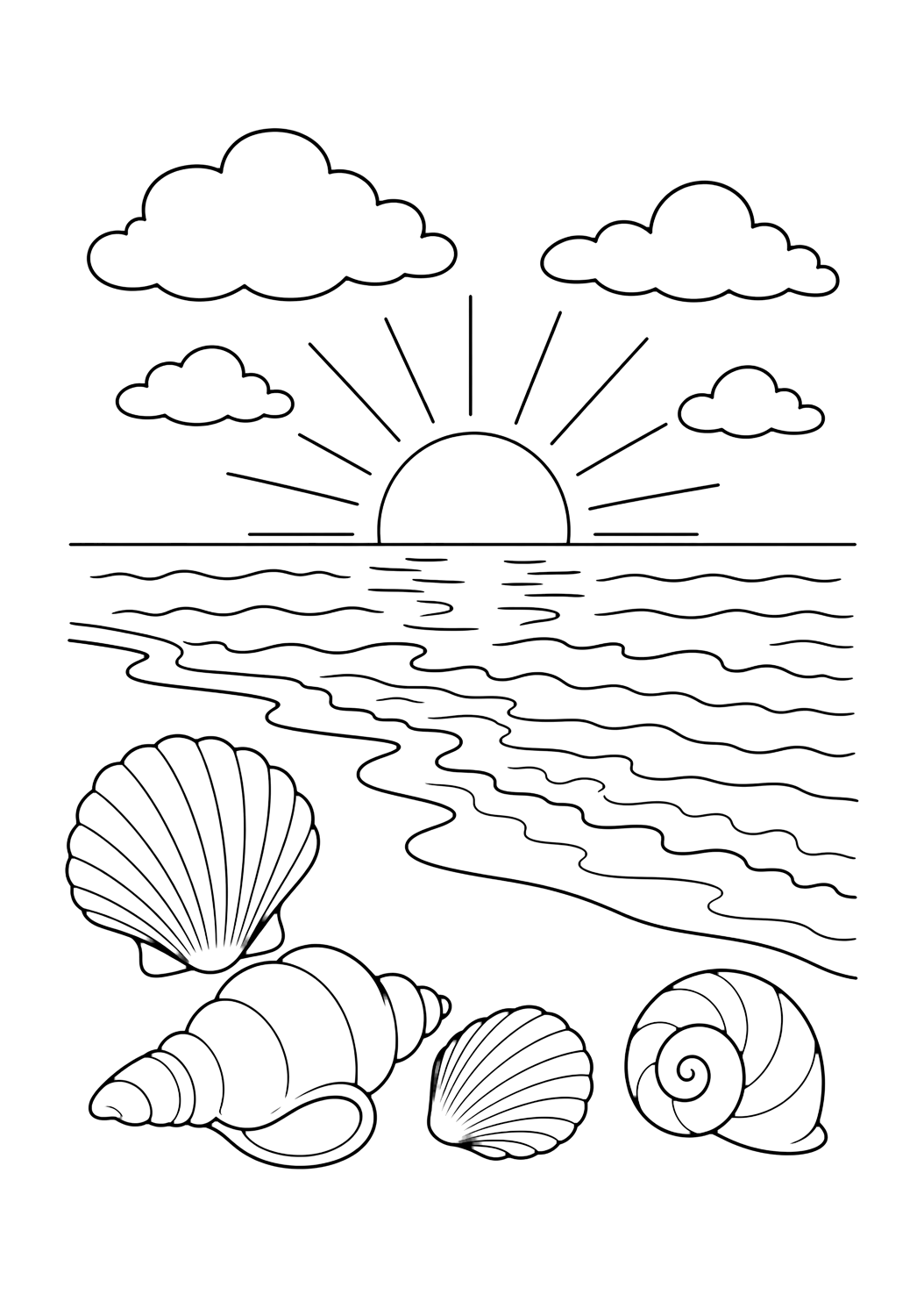 Muschelstrand bei Sonnenuntergang Ausmalbild