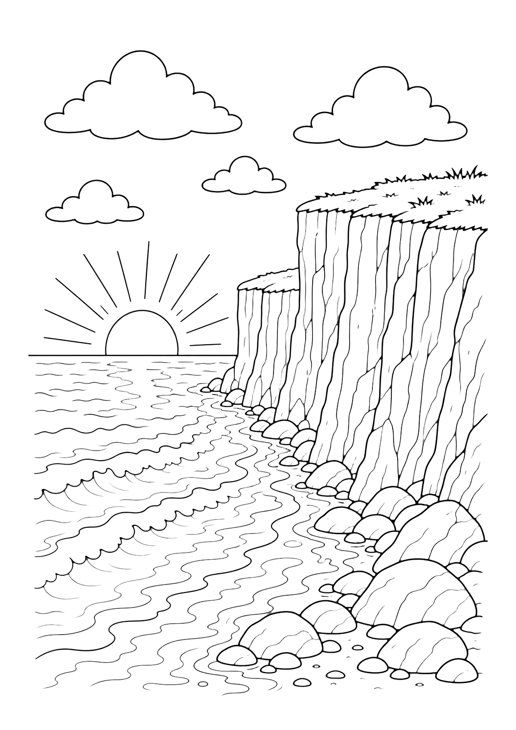 Acantilados oceánicos al atardecer para colorear