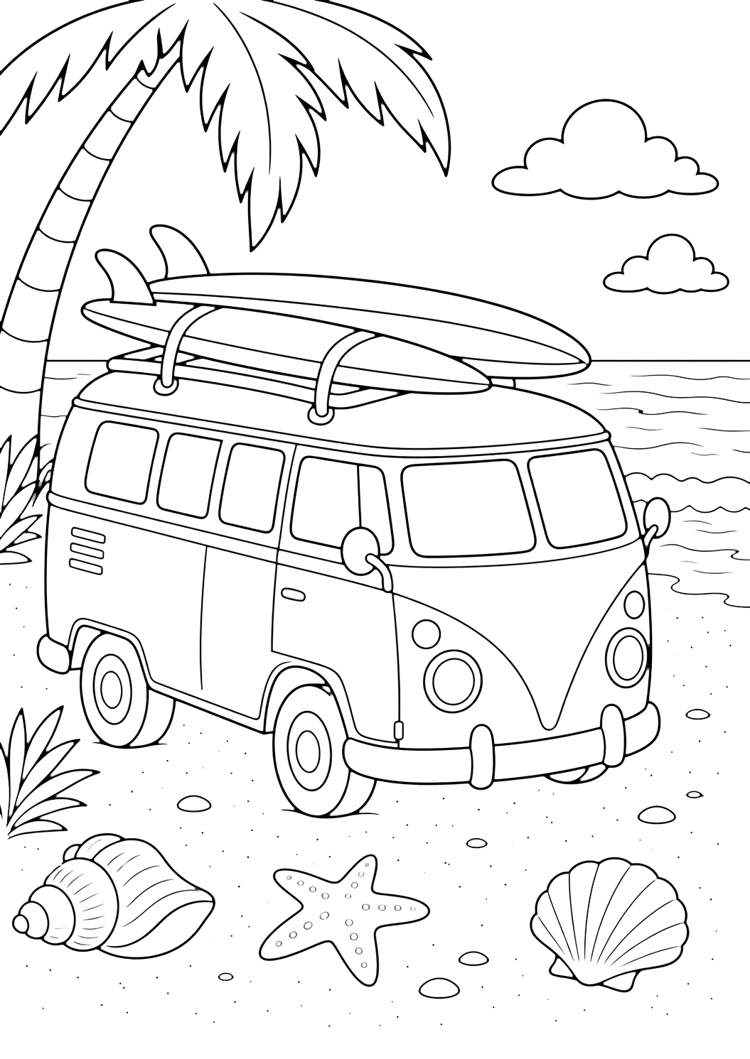 Coloriage avec Van de surf avec planches. Idéal pour enfants, thèmes plage et océan, impression et coloriage en ligne.