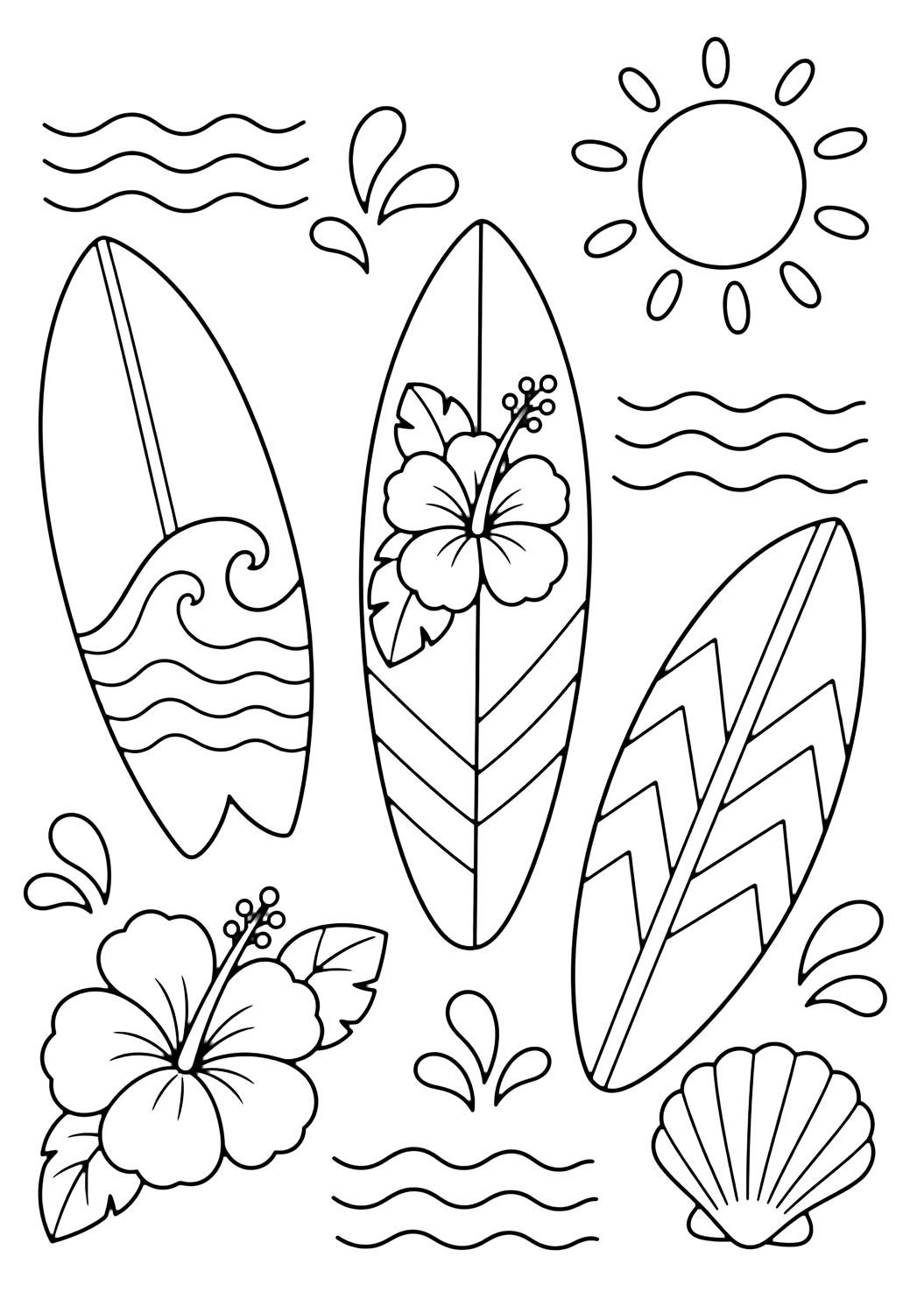 Лятна doodle картинка за оцветяване с сърф doodle. Подходяща за деца, печат и онлайн оцветяване.