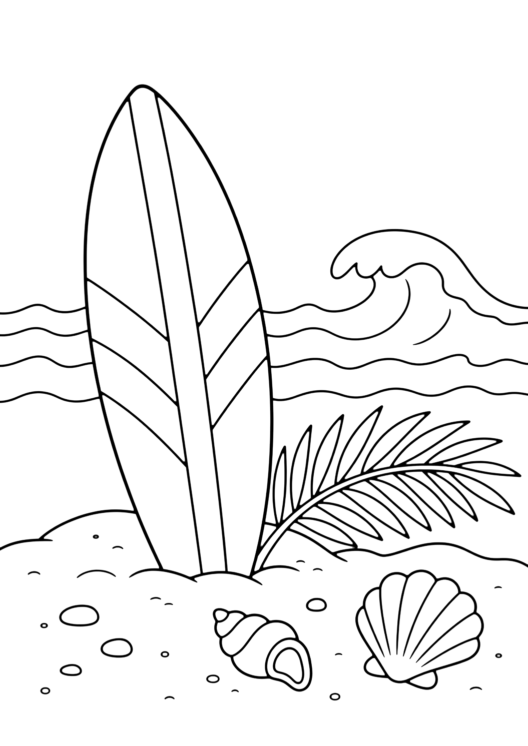 Dibujo de playa para colorear con tabla de surf en la playa. Ideal para niños, actividades de verano, impresión y coloreado online.