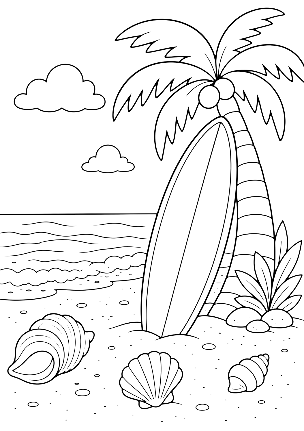 surfboard under a palm tree coloring page with a surfboard leaning under one palm tree on beach sand with a few shells and gentle ocean waves in the distance for kids