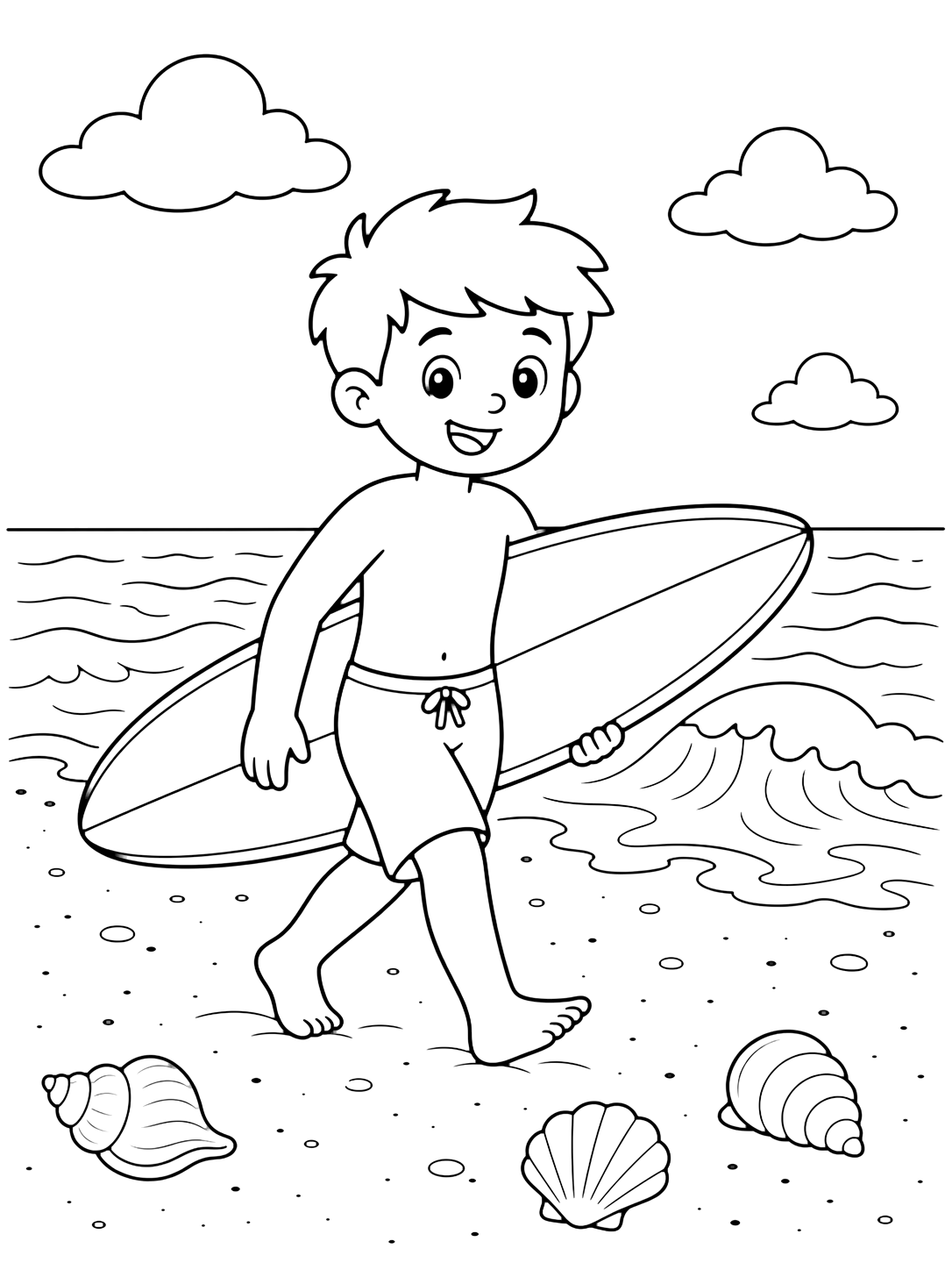 Dibujo para colorear con Surfista con tabla. Ideal para niños, temas de playa y océano, impresión y coloreado online.