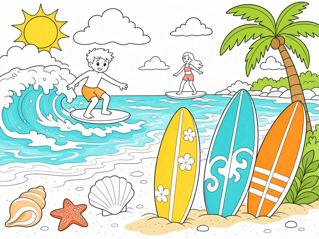 Surfing Coloring Pages - Free Printable Beach & Ocean Pictures