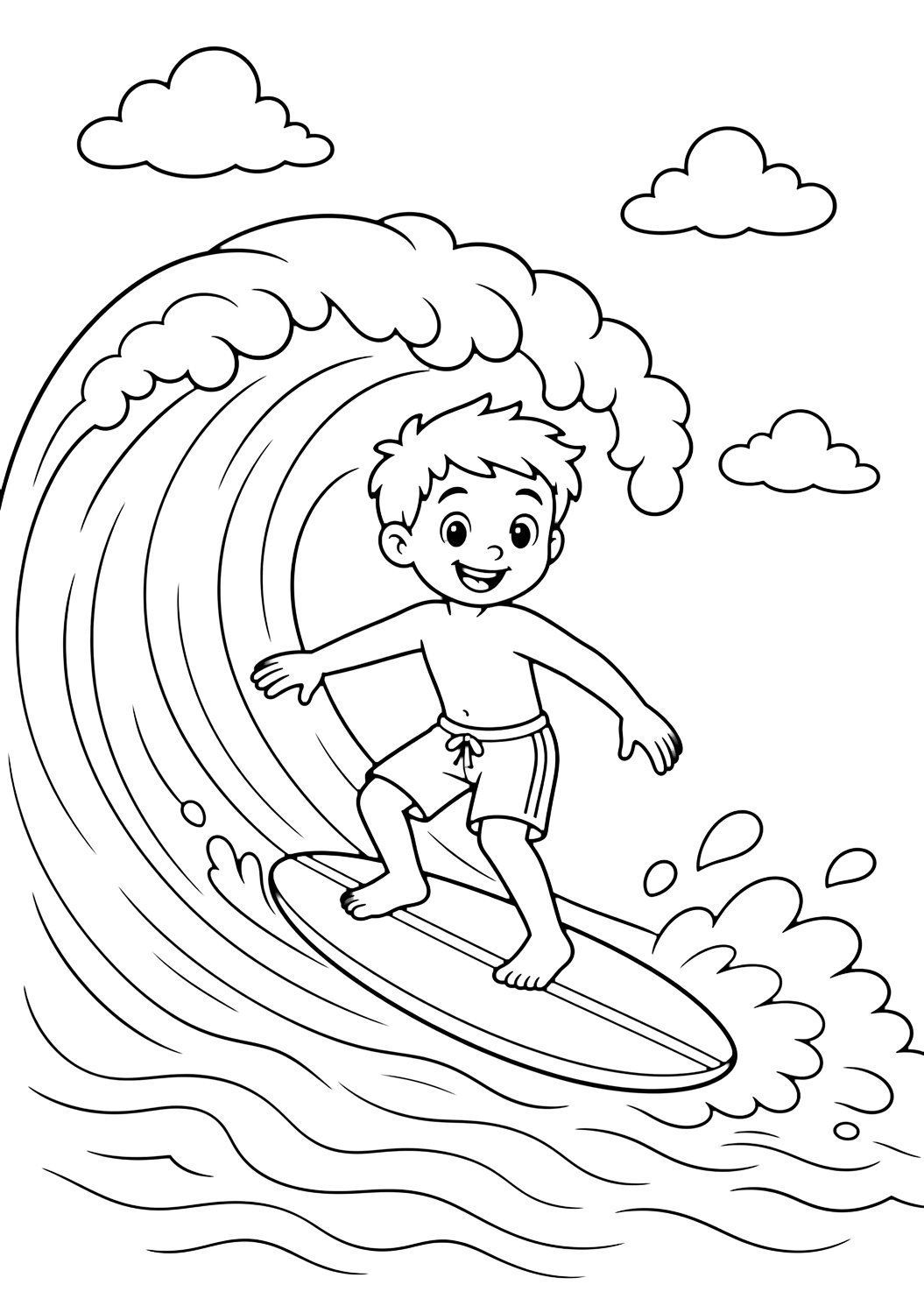 Coloriage vague de surf avec un jeune surfeur debout sur une planche au-dessus d'une grande vague.