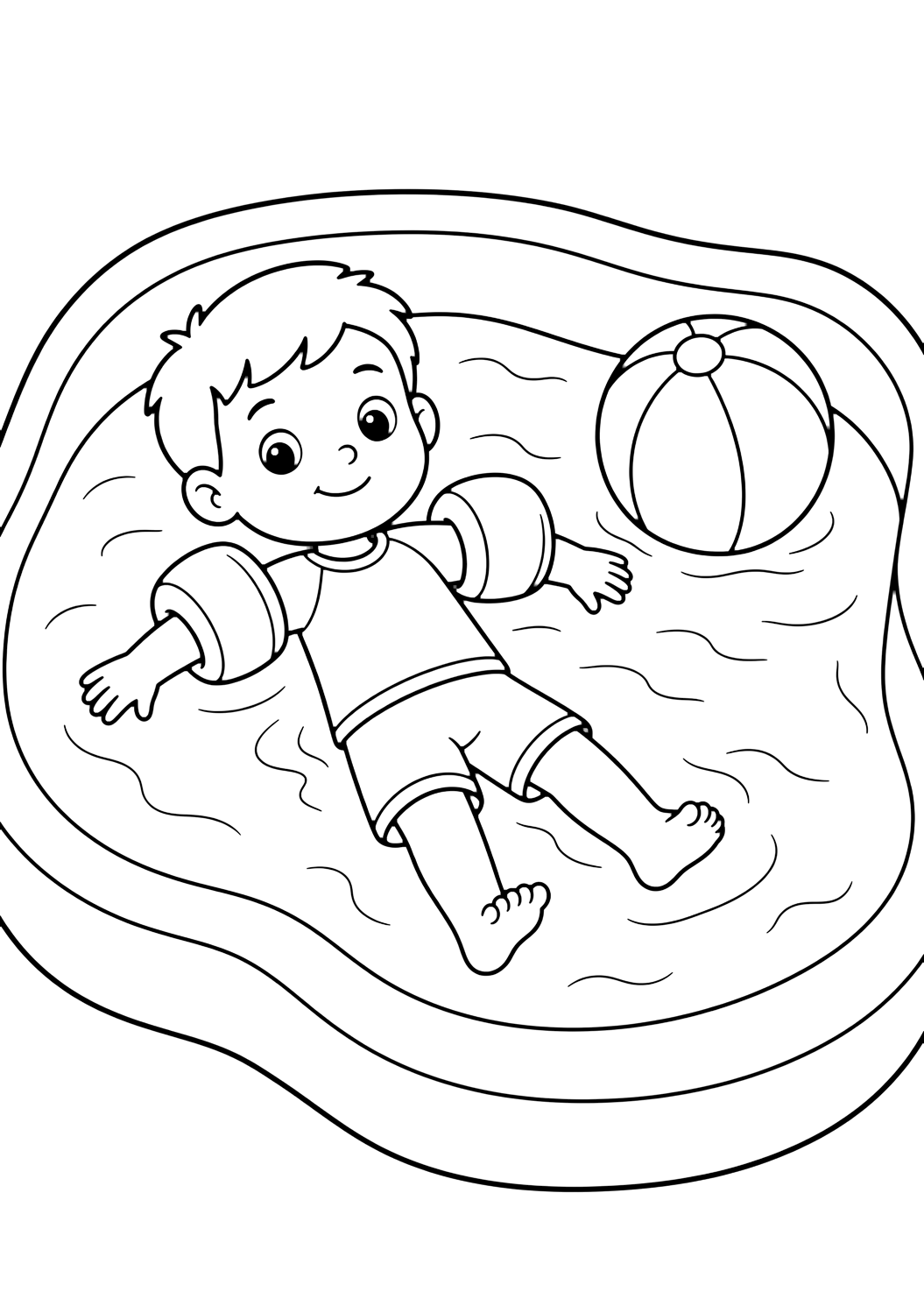 swimming with floaties coloring page with one child floating calmly with arm floaties in a shallow pool, with a beach ball nearby for kids