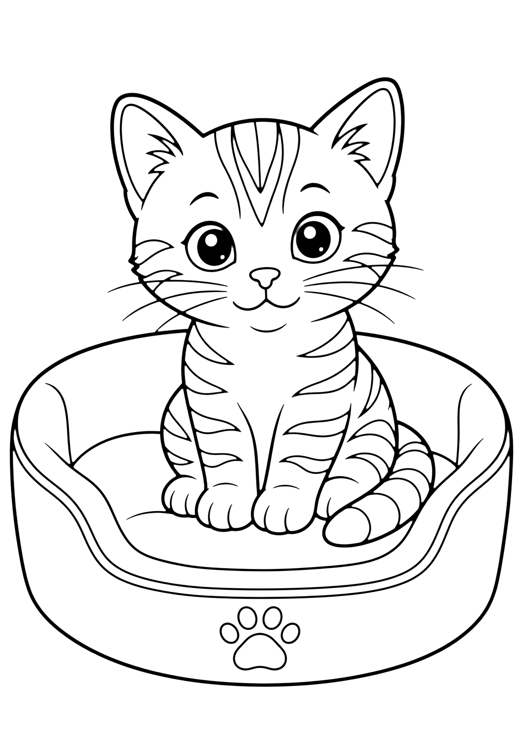 Gatito atigrado en cama para colorear