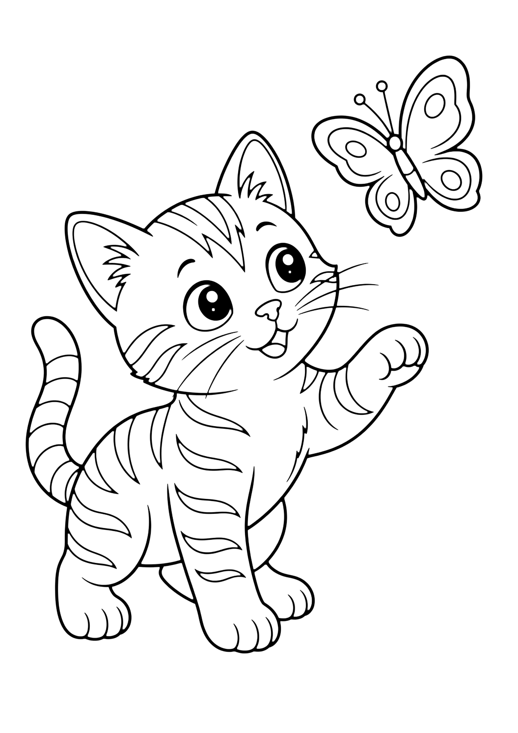 Chaton tigré avec papillon à colorier