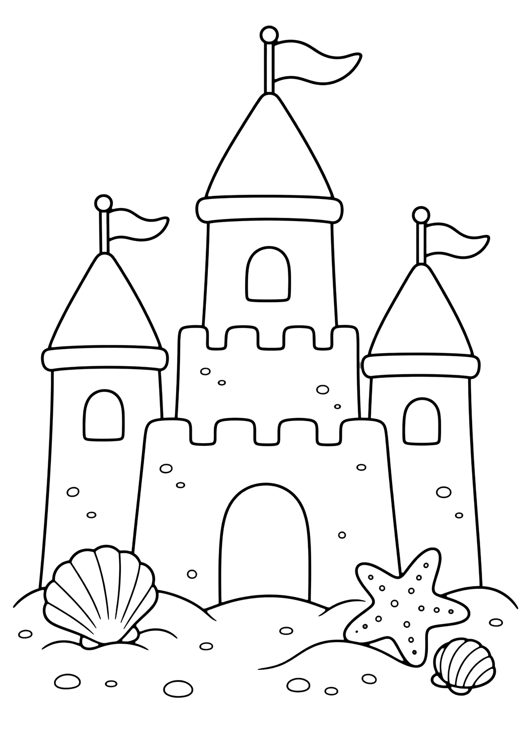 tall sandcastle towers coloring page with a tall sandcastle with three stacked towers, rounded windows, small flags, and simple sand mounds for kids