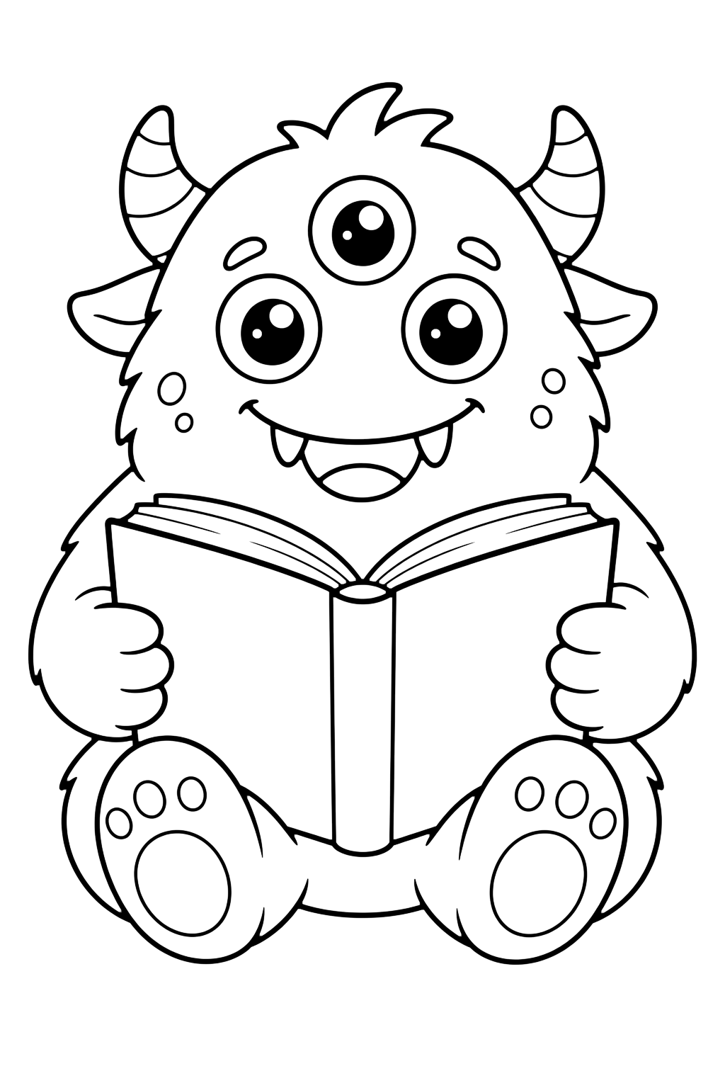 three-eyed book monster coloring page with a cute three-eyed monster sitting with one large open blank book in its hands for kids