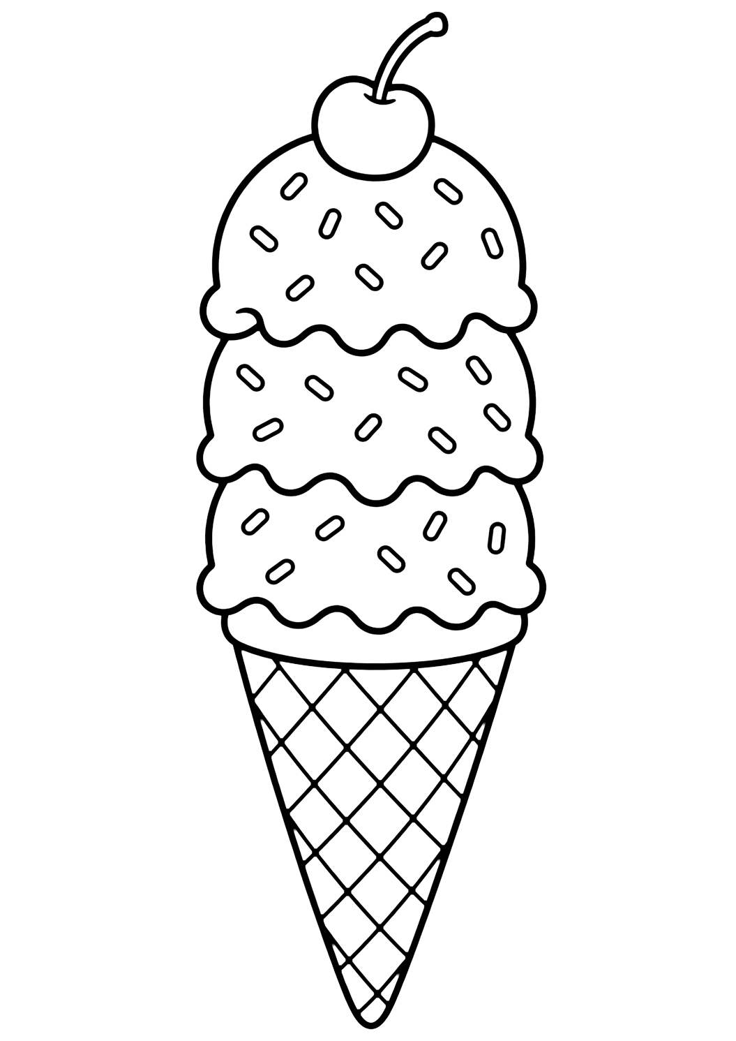 three scoop ice cream cone coloring page with a tall ice cream cone with three stacked round scoops, simple sprinkles, and a cherry on top for kids