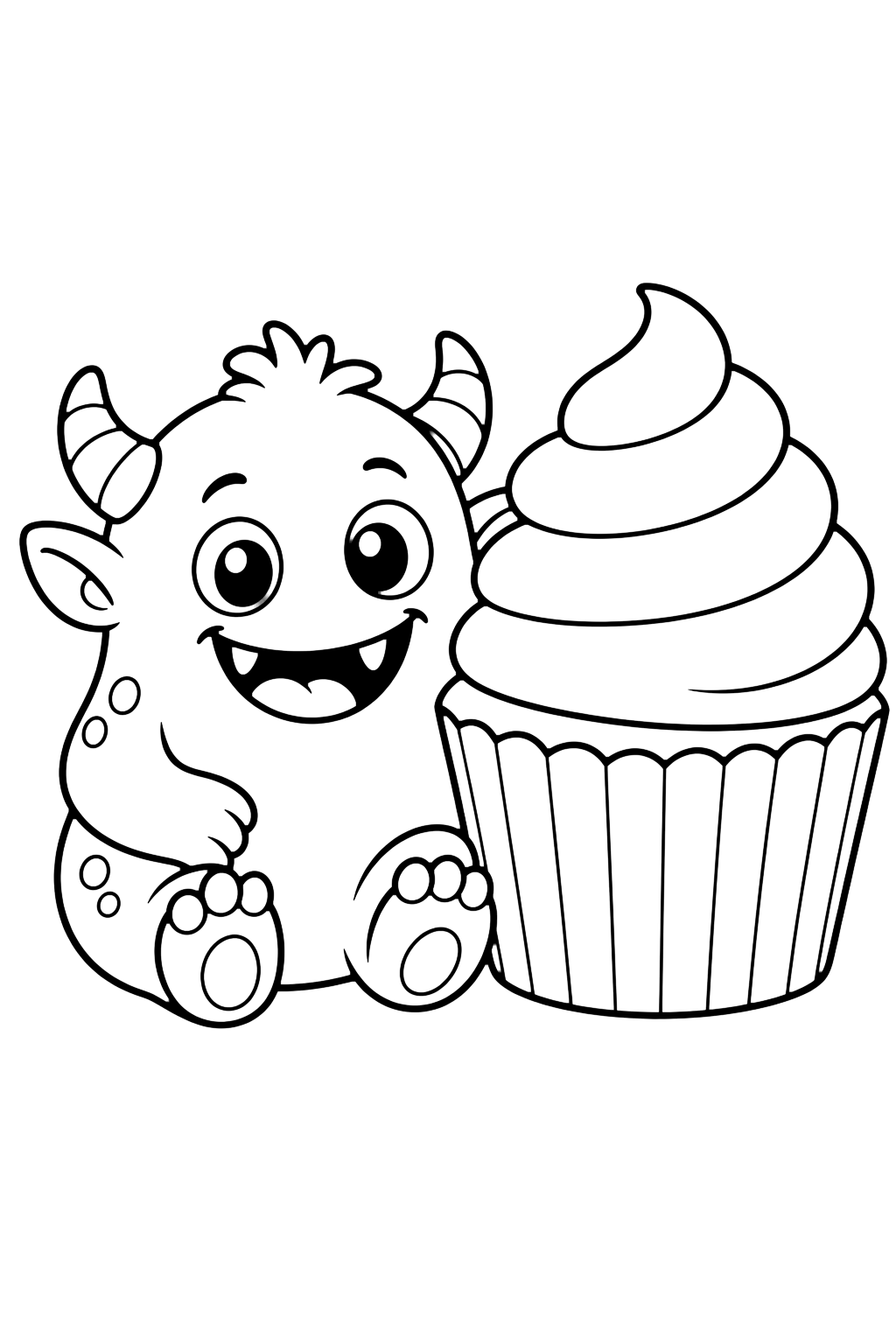 tiny cupcake monster coloring page with a tiny smiling monster sitting beside one large cupcake with simple frosting swirls for kids
