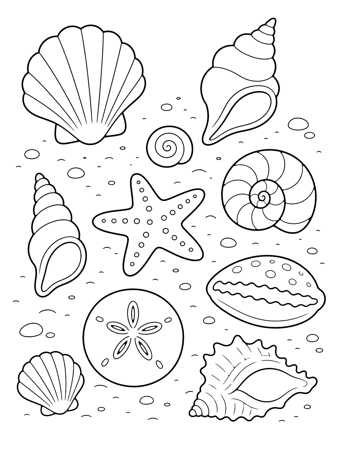 tiny seashells coloring page with a group of tiny but clear seashells arranged on sand, each drawn large enough for coloring, with lots of white space for kids