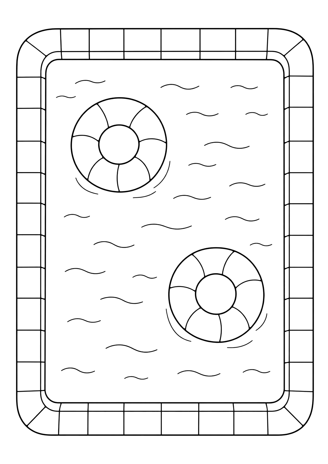 top view swimming pool coloring page with a top view of a rectangular swimming pool with simple water ripples, tile border, two ring floats, and clean open space for kids