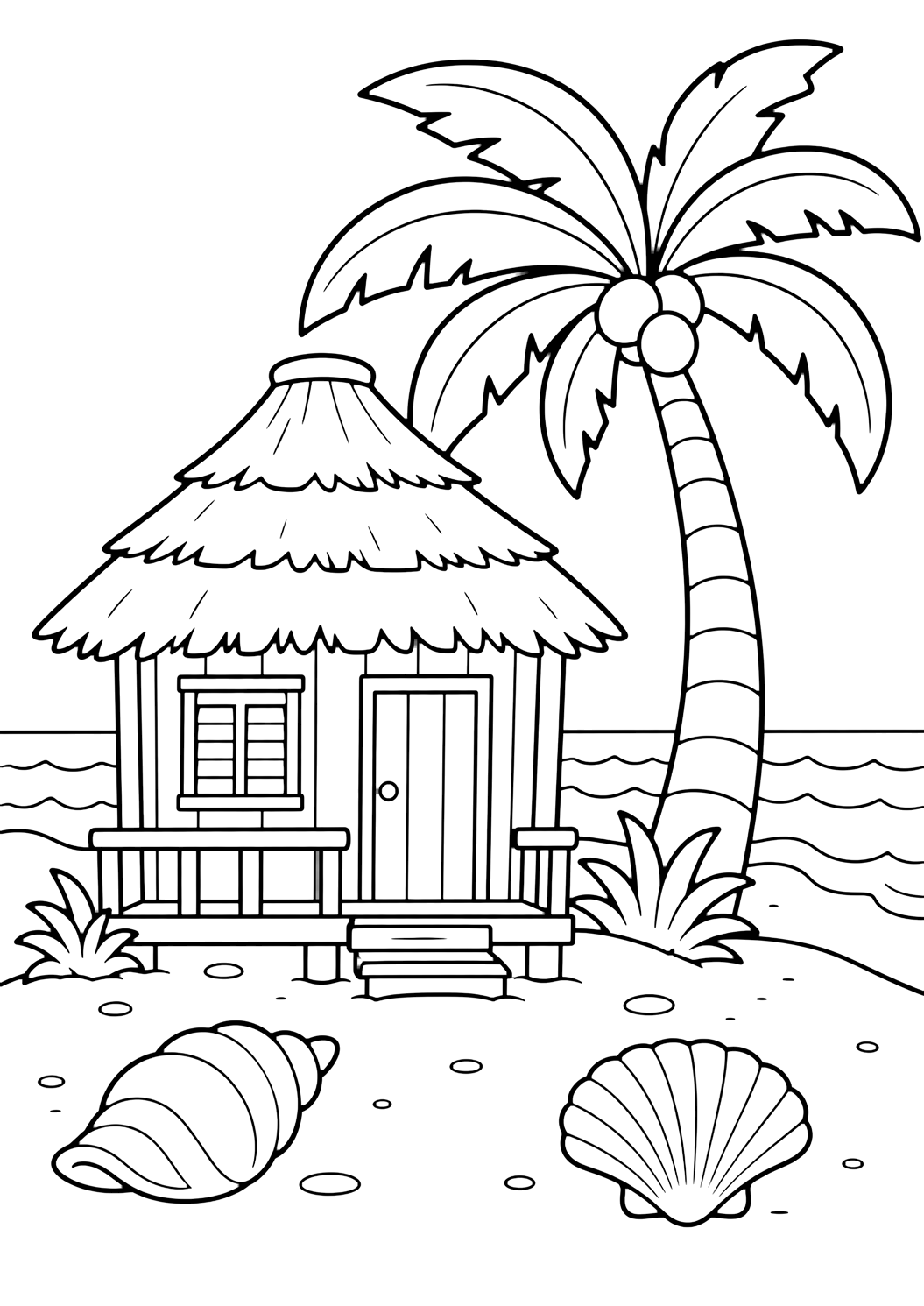 Dibujo para colorear con cabaña tropical con palmera. Ideal para niños, playas tropicales, verano, impresión y coloreado online.