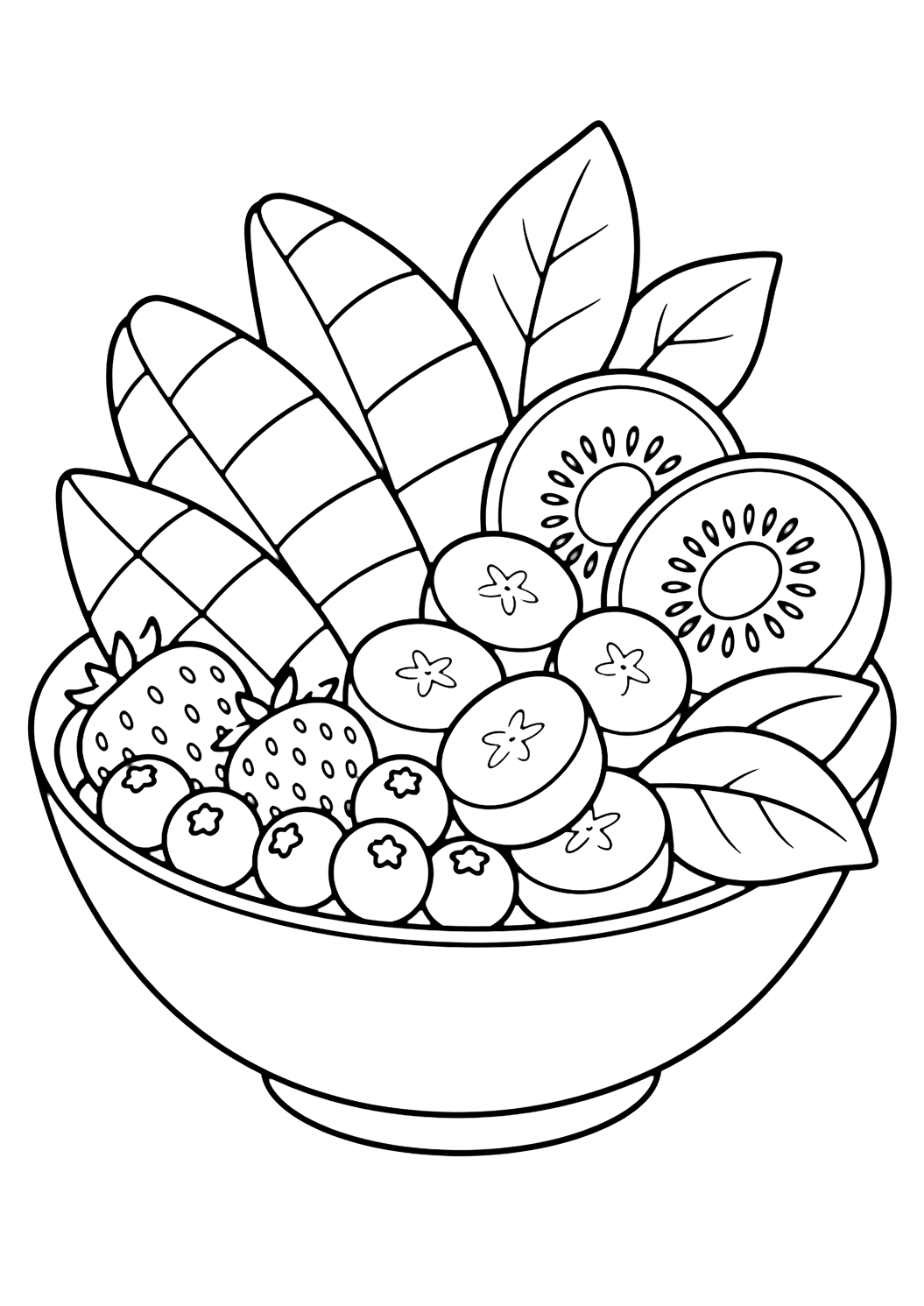 Dibujo de frutas de verano con cuenco de frutas tropicales. Ideal para niños, verano, impresión y coloreado online.