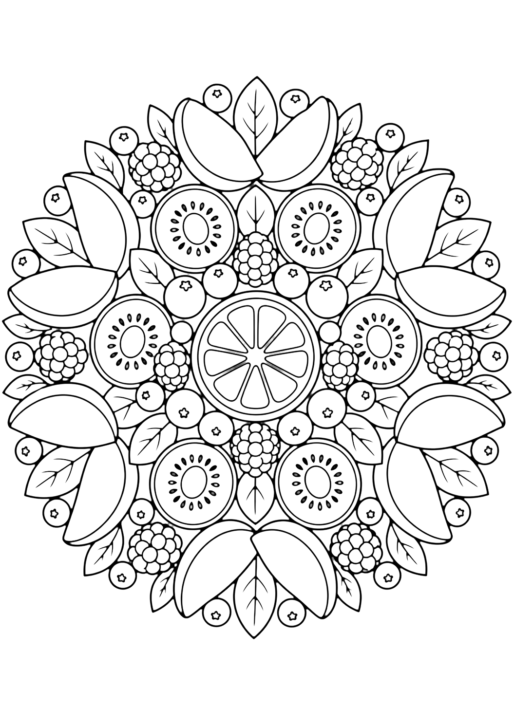 tropical fruit mandala coloring page with a radial mandala with mango slice petals, kiwi circles, citrus segments, berry dots, leafy motifs, and no text