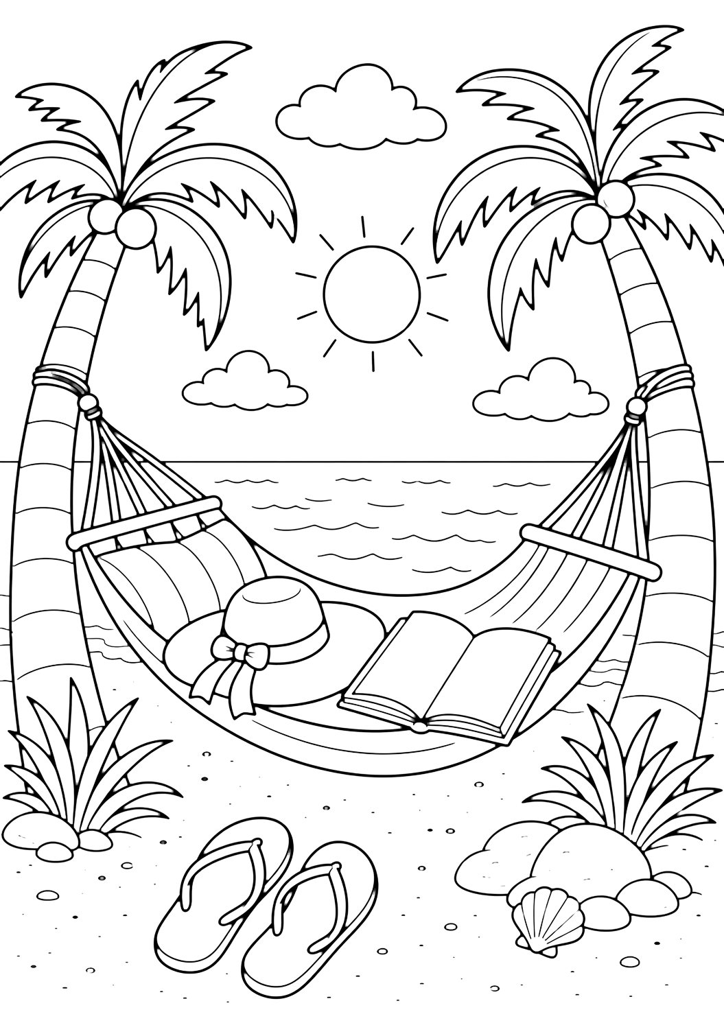 Disegno di vacanze estive con amaca tropicale. Adatto a stampa, download, colorazione online e attività estive.