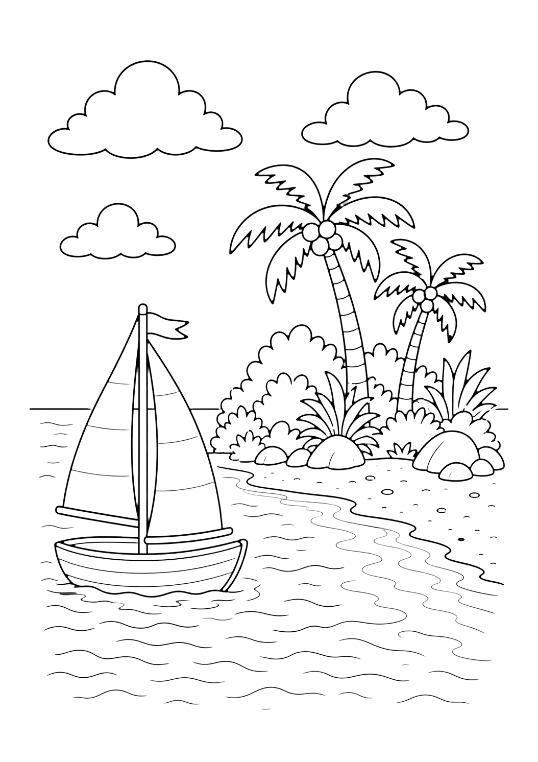 Barca a vela vicino a isola tropicale da colorare