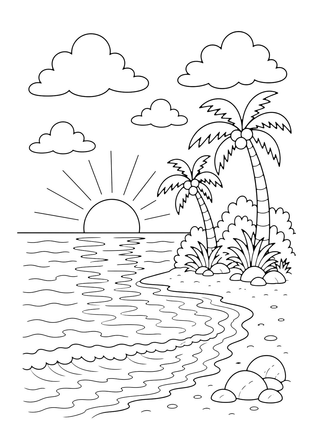 Sonnenuntergang auf tropischer Insel Ausmalbild