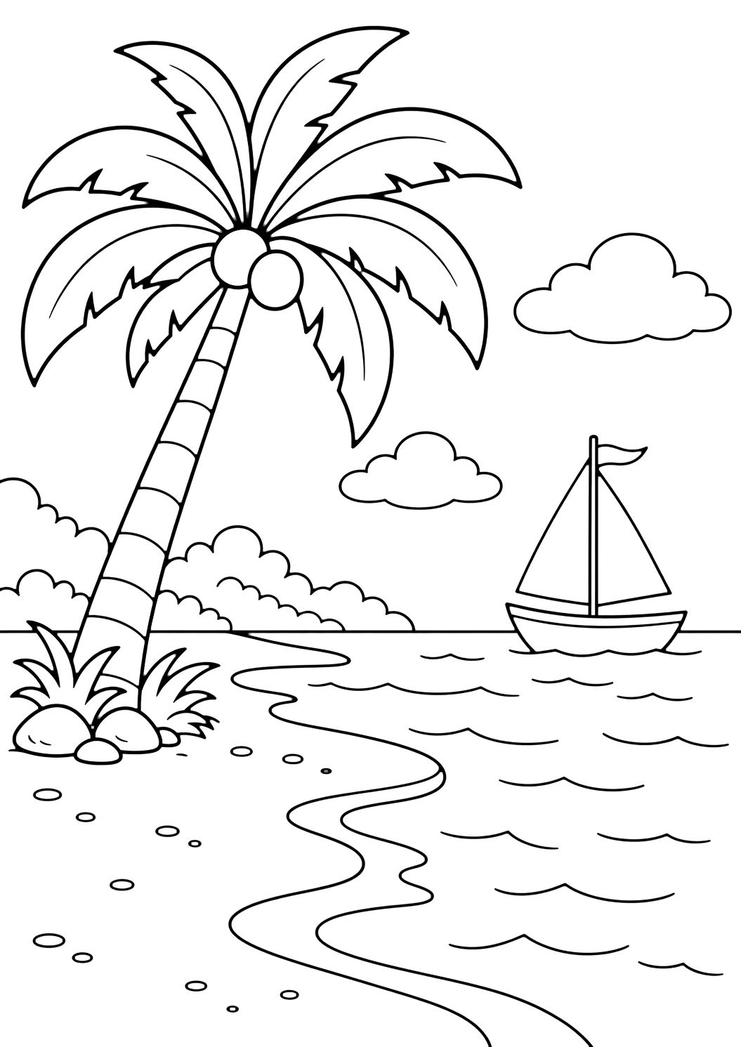 Dibujo para colorear con laguna tropical con palmera. Ideal para niños, playas tropicales, verano, impresión y coloreado online.