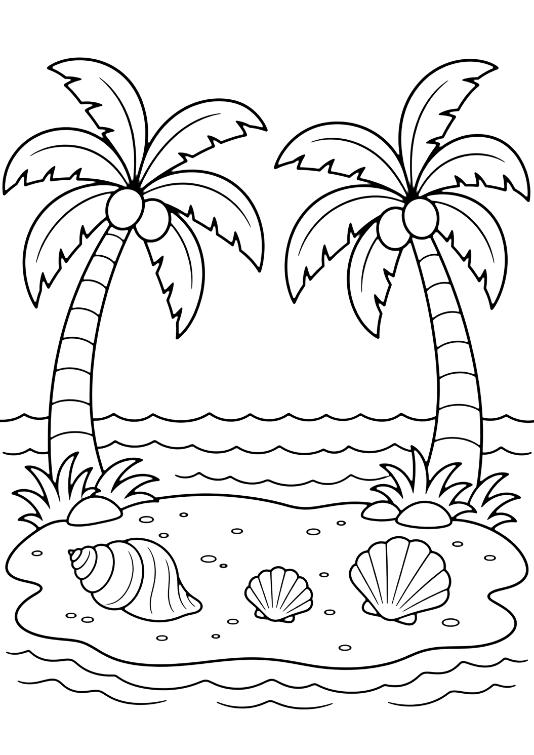 two palm tropical island coloring page with two palm trees framing a small tropical island beach with seashells, sand, and soft ocean waves for kids