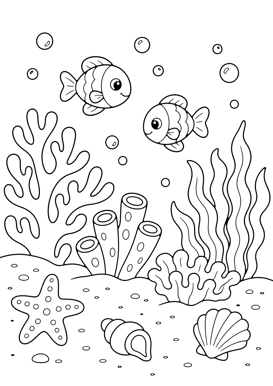 Coloriage d'océan avec scène sous-marine de l'océan. Idéal pour enfants, activités d'été, impression et coloriage en ligne.