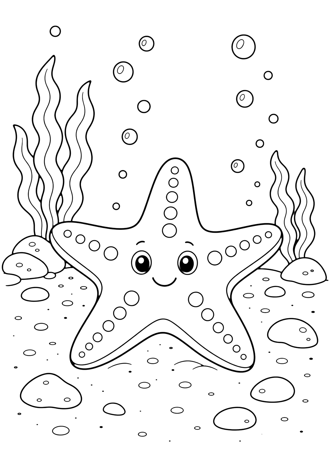 underwater starfish coloring page with a starfish on the ocean floor with simple seaweed, bubbles, small stones, and open water behind it for kids