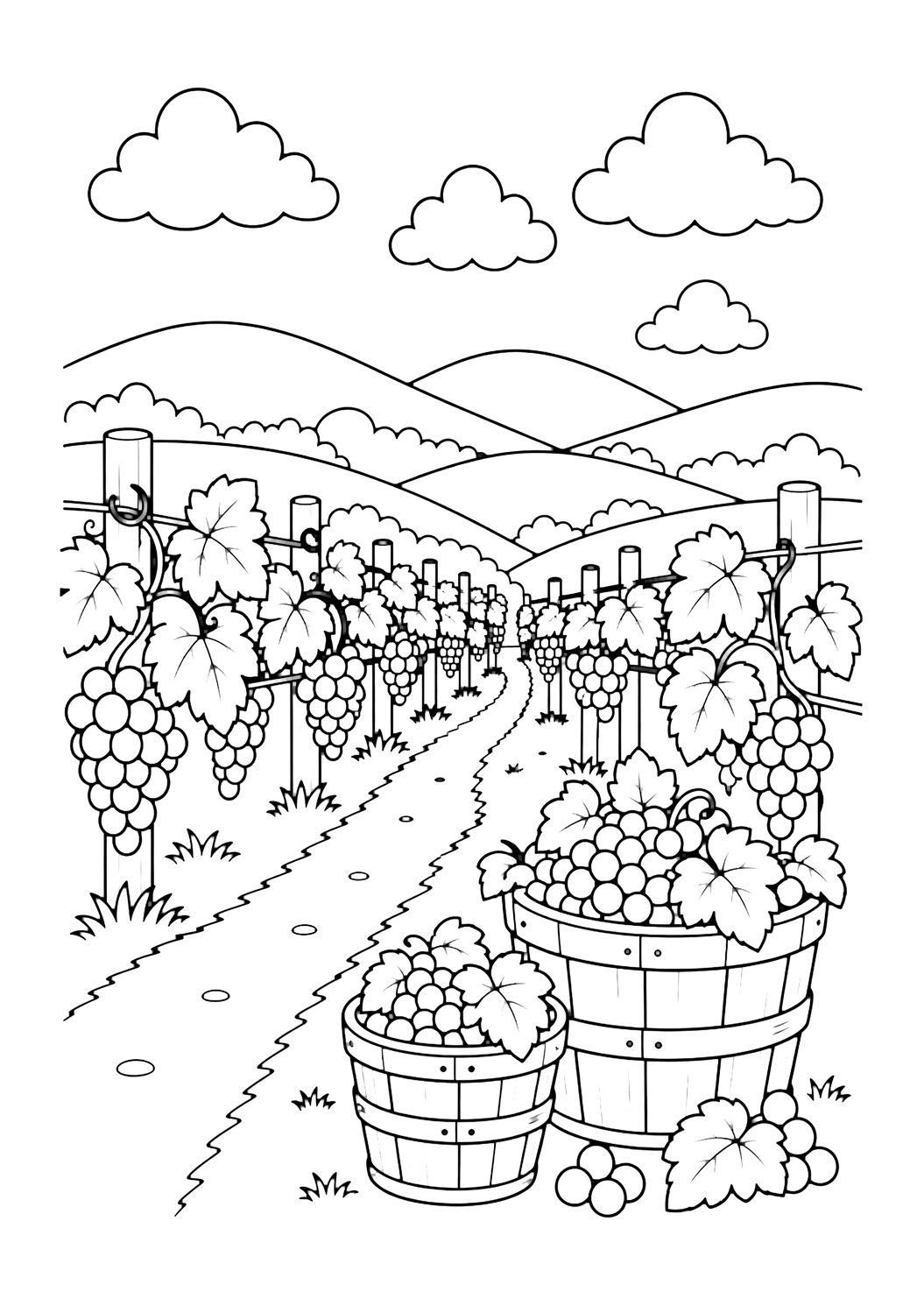 Coloriage paniers de vendange dans les vignes