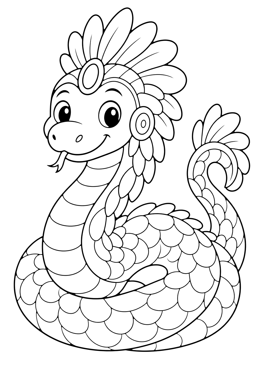 vision serpent coloring page with a gentle vision serpent with a rounded head, simple feather details, broad body sections, and a curled peaceful pose for kids