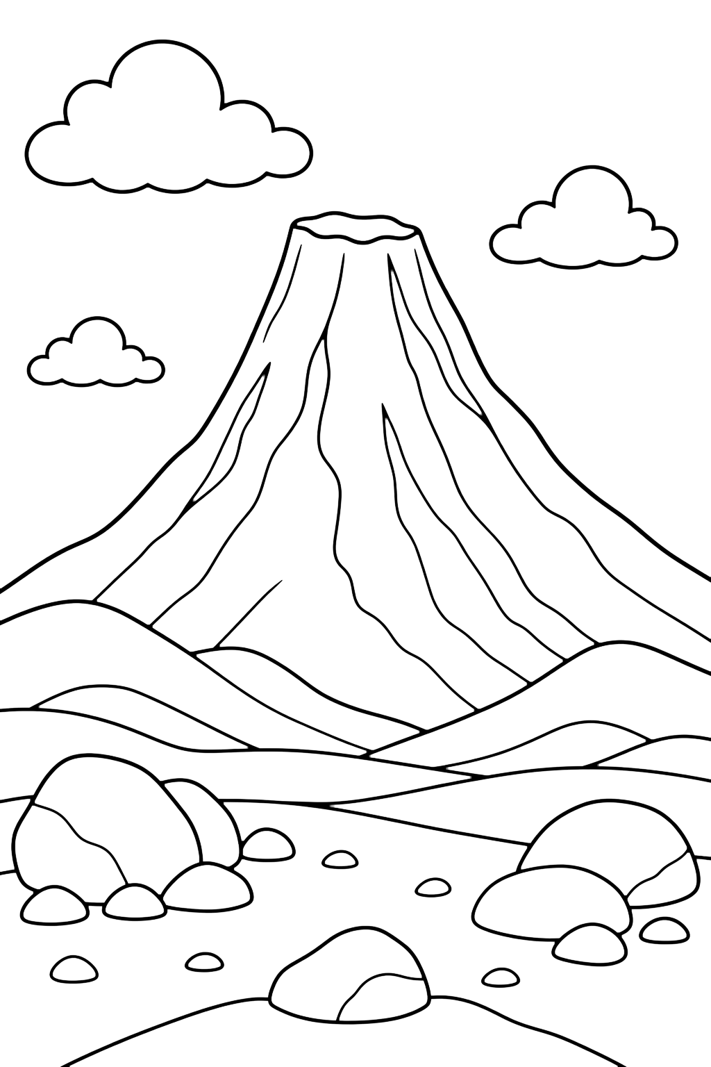 volcano landscape coloring page with a tall volcano cone in a rocky landscape with simple clouds, rolling hills, scattered stones, and open sky for kids