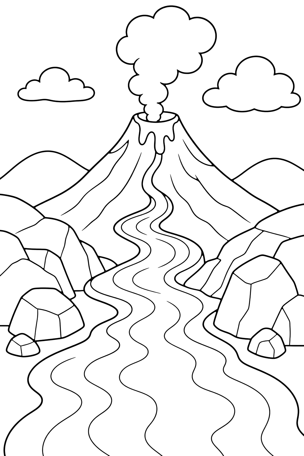 volcano lava river coloring page with a winding lava river flowing from a volcano through a rocky valley with large stones, simple hills, smoke puffs, and clouds for kids