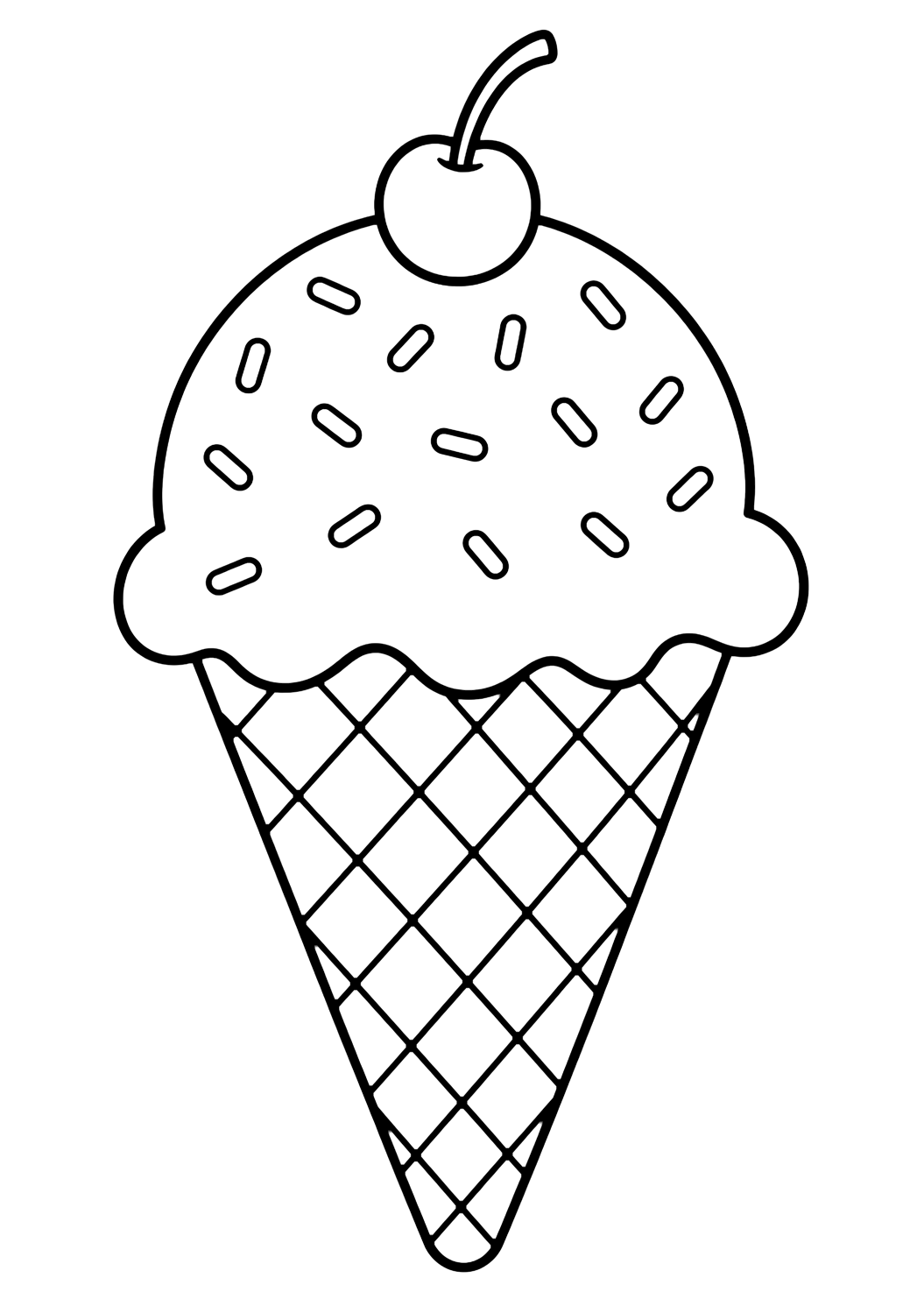 waffle cone with sprinkles coloring page with a large waffle cone filled with one big scoop, clear crisscross cone lines, sprinkles, and a small cherry for kids
