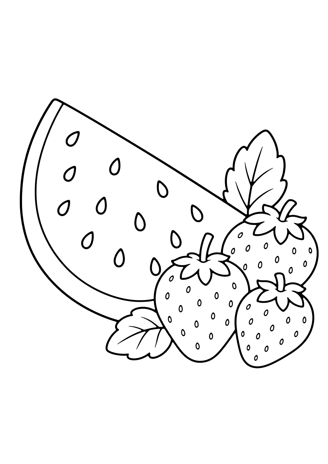 Dibujo de sandía con sandía y fresas. Ideal para niños, verano, impresión y coloreado online.
