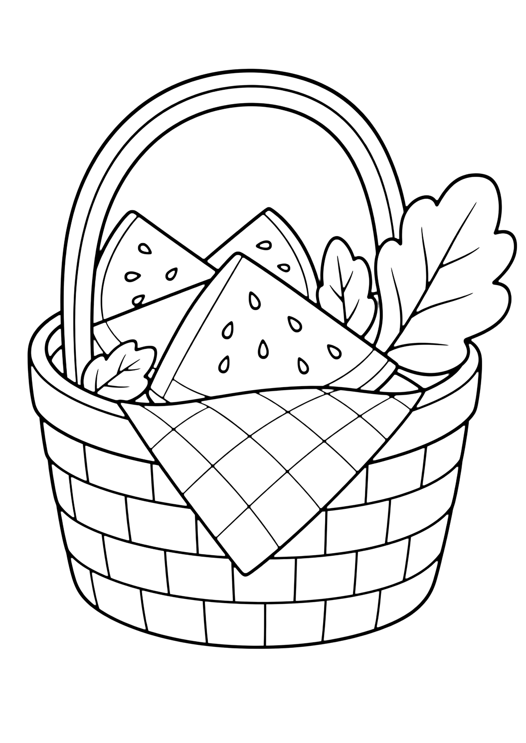 Coloriage de pastèque avec panier de pastèque. Idéal pour enfants, été, impression et coloriage en ligne.