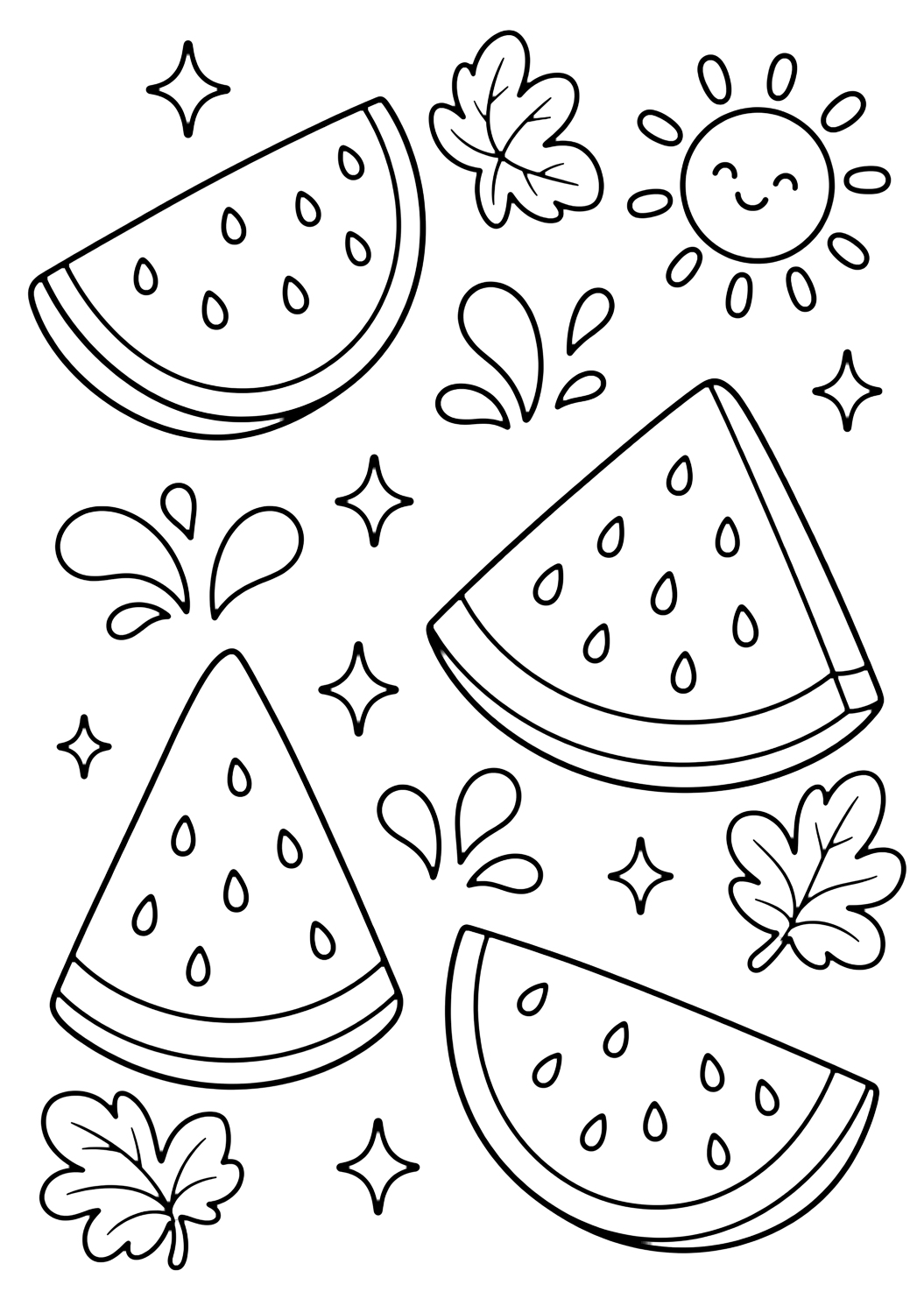 Лятна doodle картинка за оцветяване с диня doodle. Подходяща за деца, печат и онлайн оцветяване.