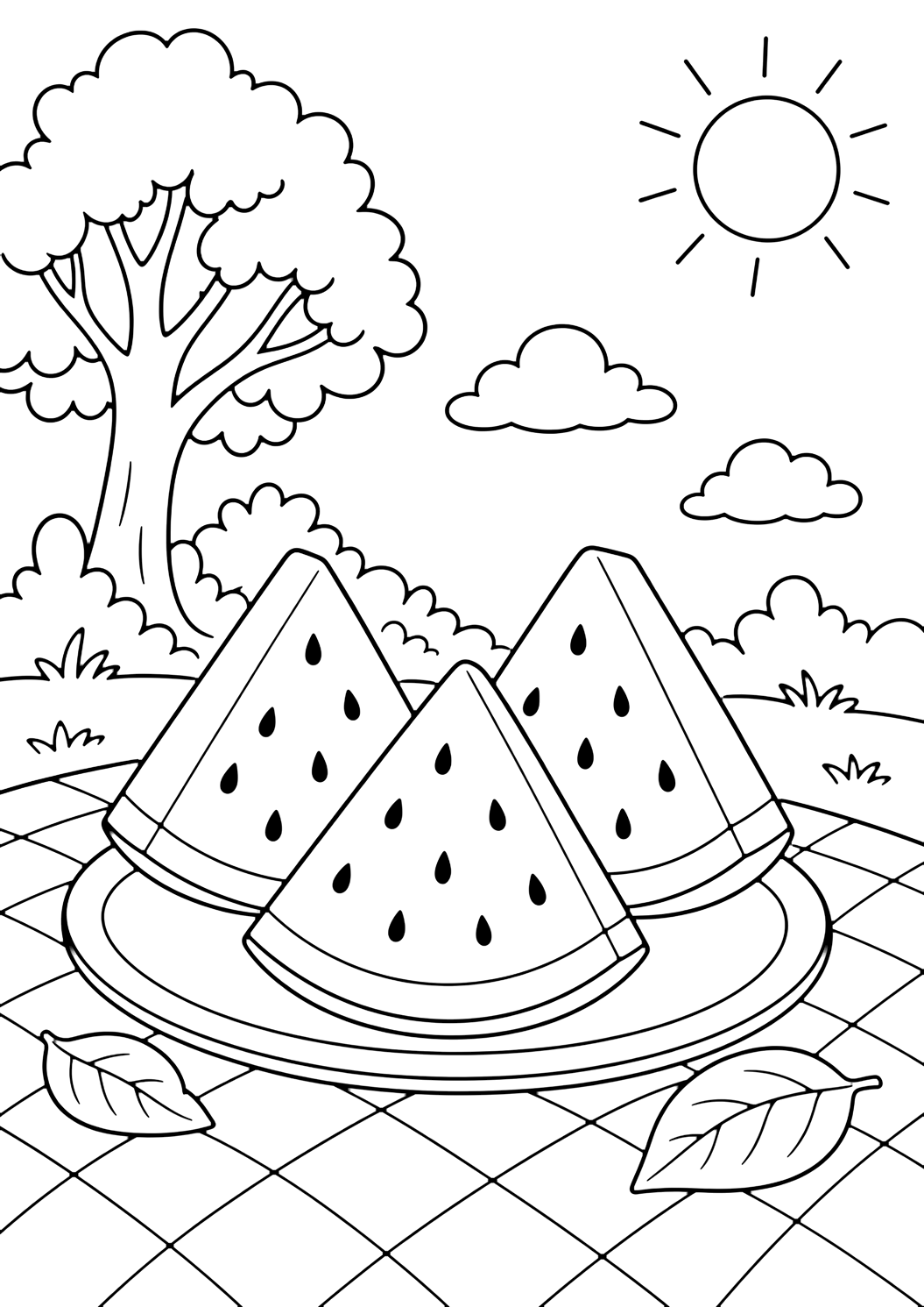 watermelon picnic snack coloring page with three large watermelon slices on a picnic blanket with a small plate and a few leaves