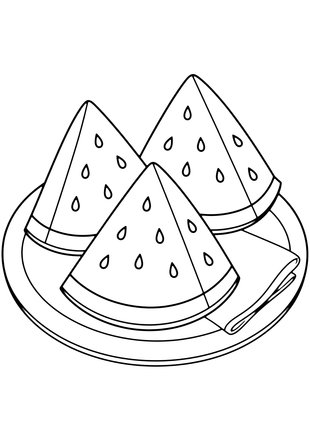 Dibujo de sandía con rodajas de sandía en plato. Ideal para niños, verano, impresión y coloreado online.