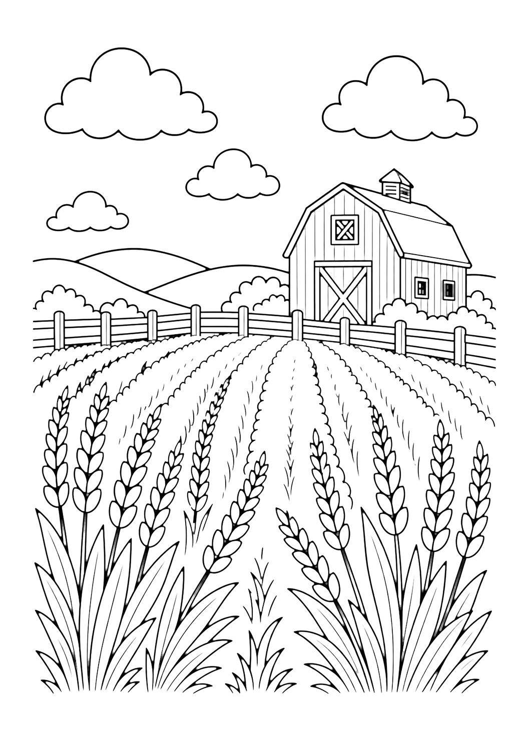 wheat field and barn coloring page with a red barn beyond a wheat field with crop rows, a fence, clouds, and rolling hills for kids
