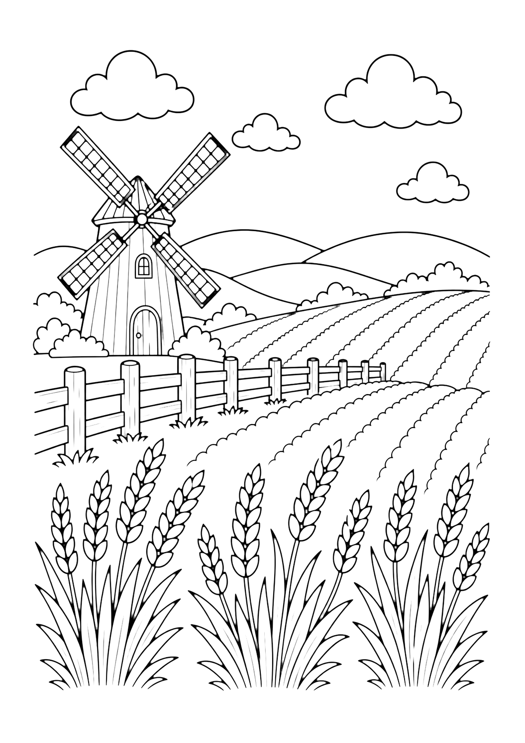 Coloriage moulin dans un champ de blé