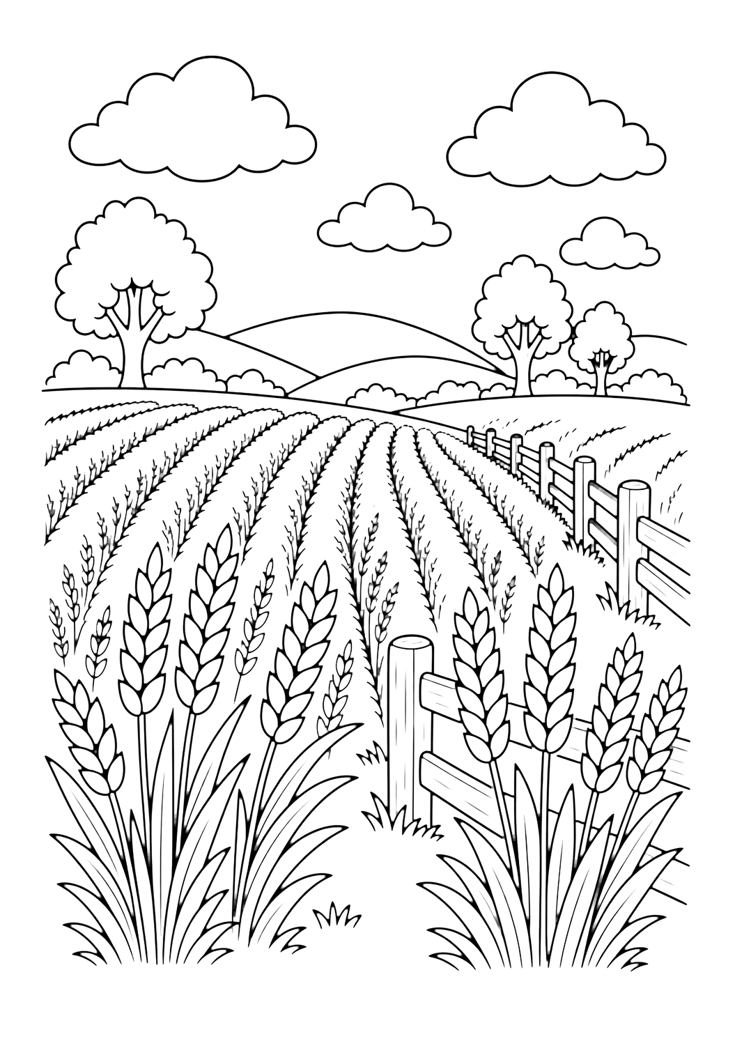 Coloriage champ de blé avec clôture