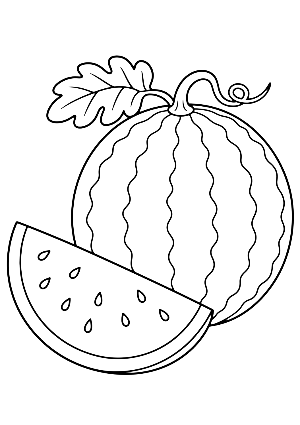 Coloriage de pastèque avec pastèque entière. Idéal pour enfants, été, impression et coloriage en ligne.