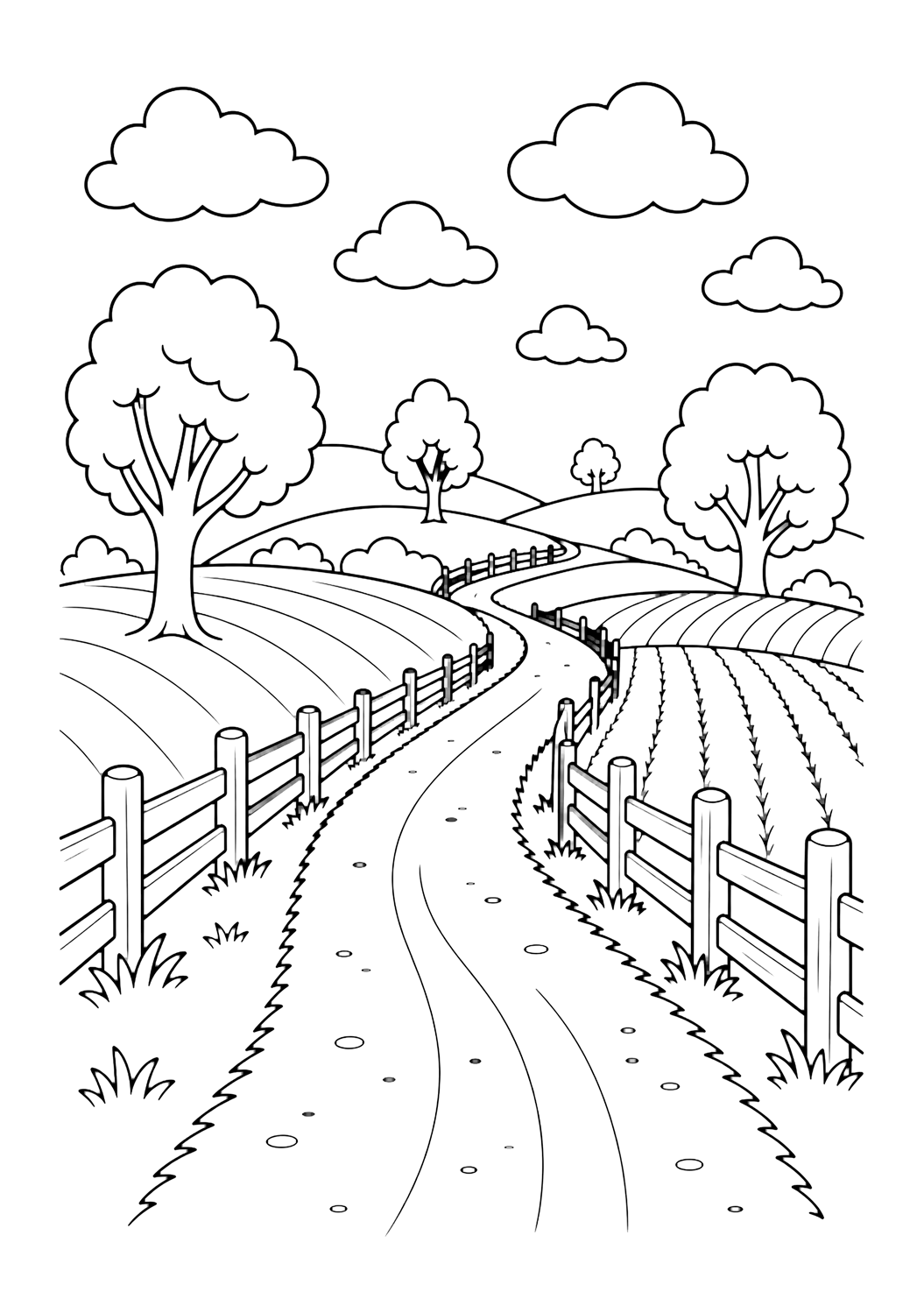 winding country road coloring page with a winding country road between fields with fences, trees, rolling hills, and clouds for kids