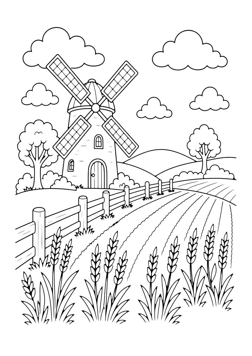 Windmühle und Weizenfeld Ausmalbild