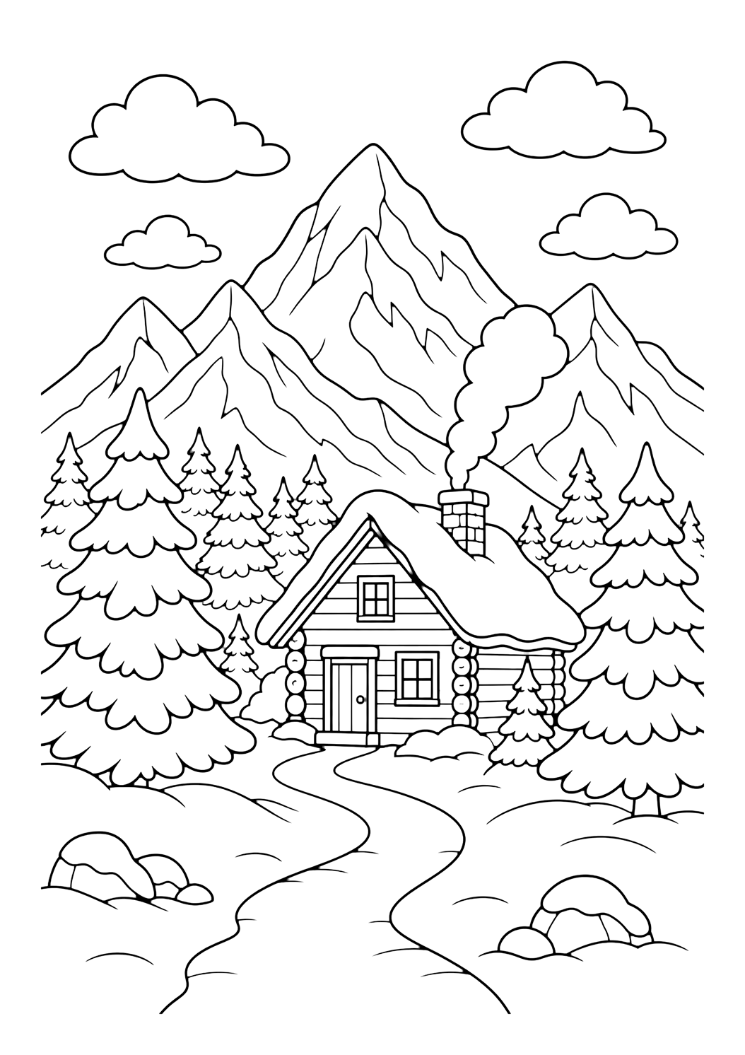Winterliche Berghütte Ausmalbild