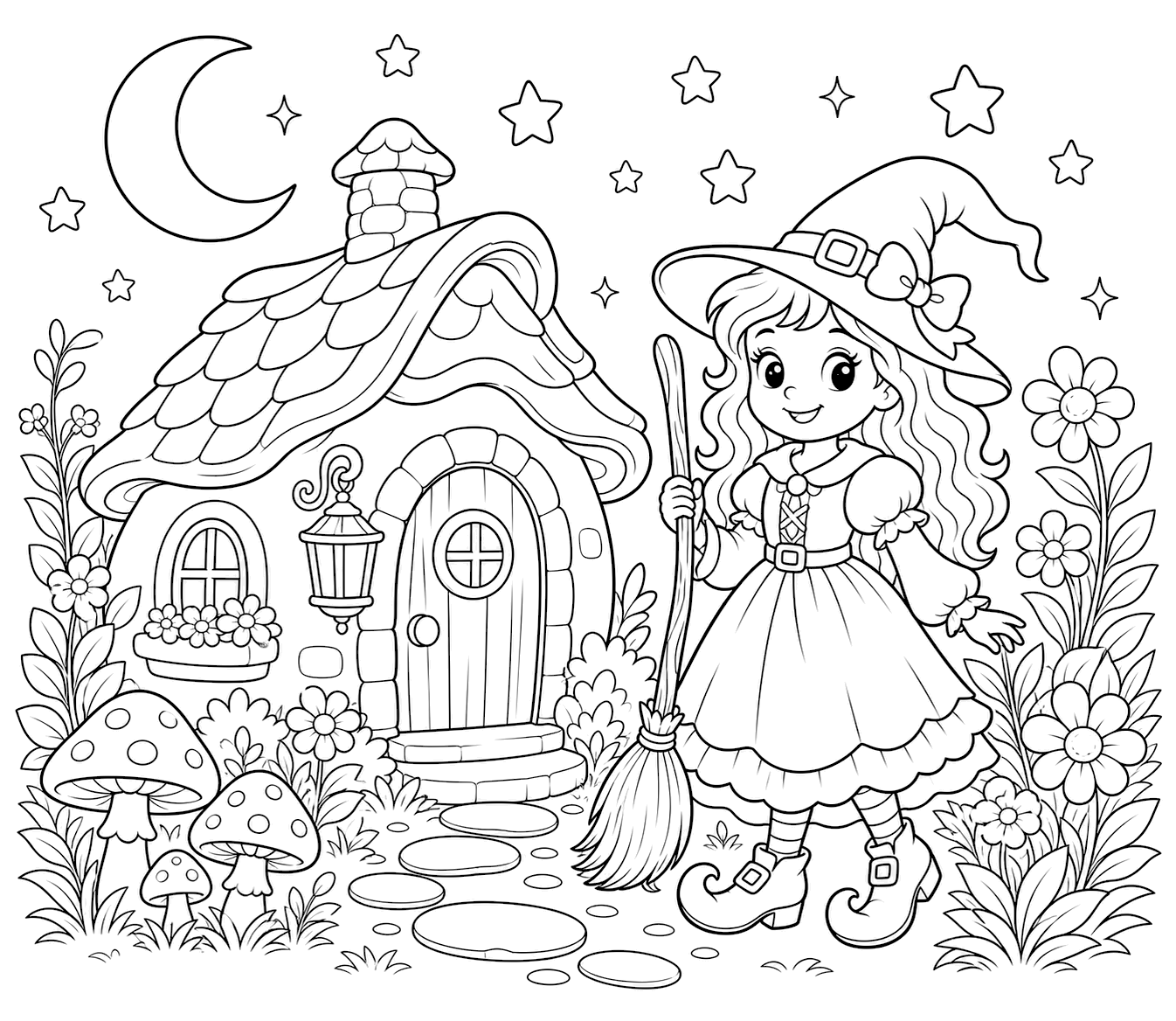 Hexe am gemütlichen Häuschen Ausmalbild für Kinder