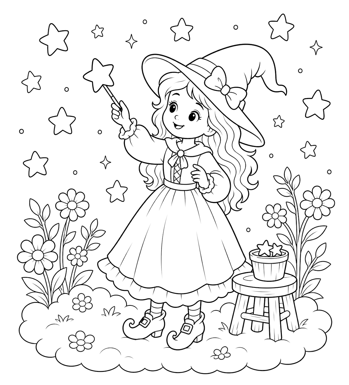 witch decorating stars coloring page with a cheerful witch with a small wand gently placing simple star shapes in the sky for kids