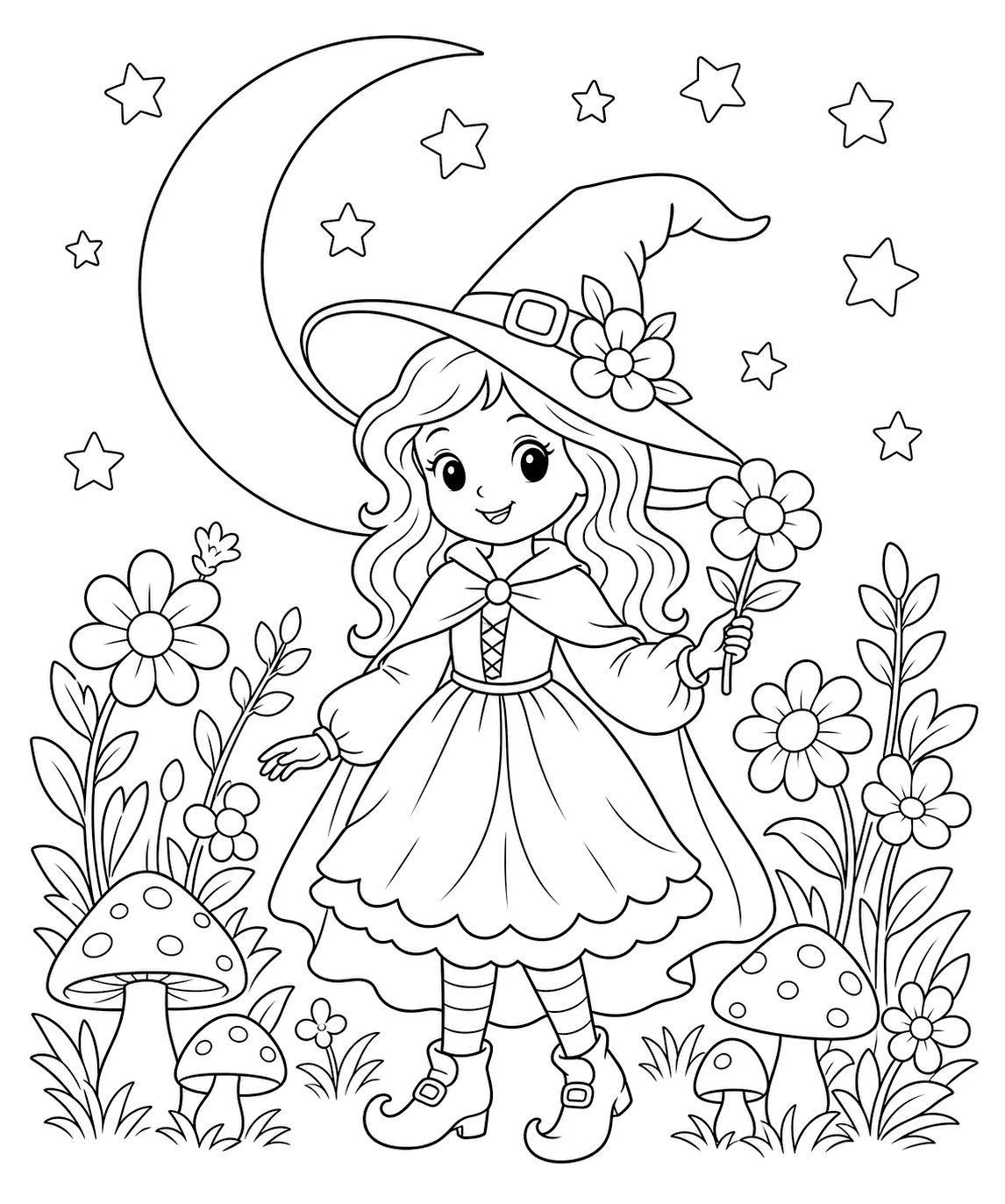 Bruja en un jardín lunar para colorear