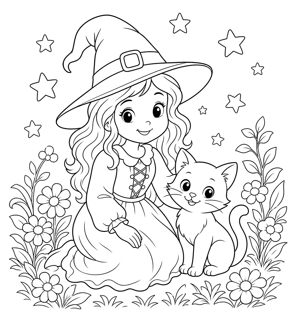 Bruja con gato para colorear