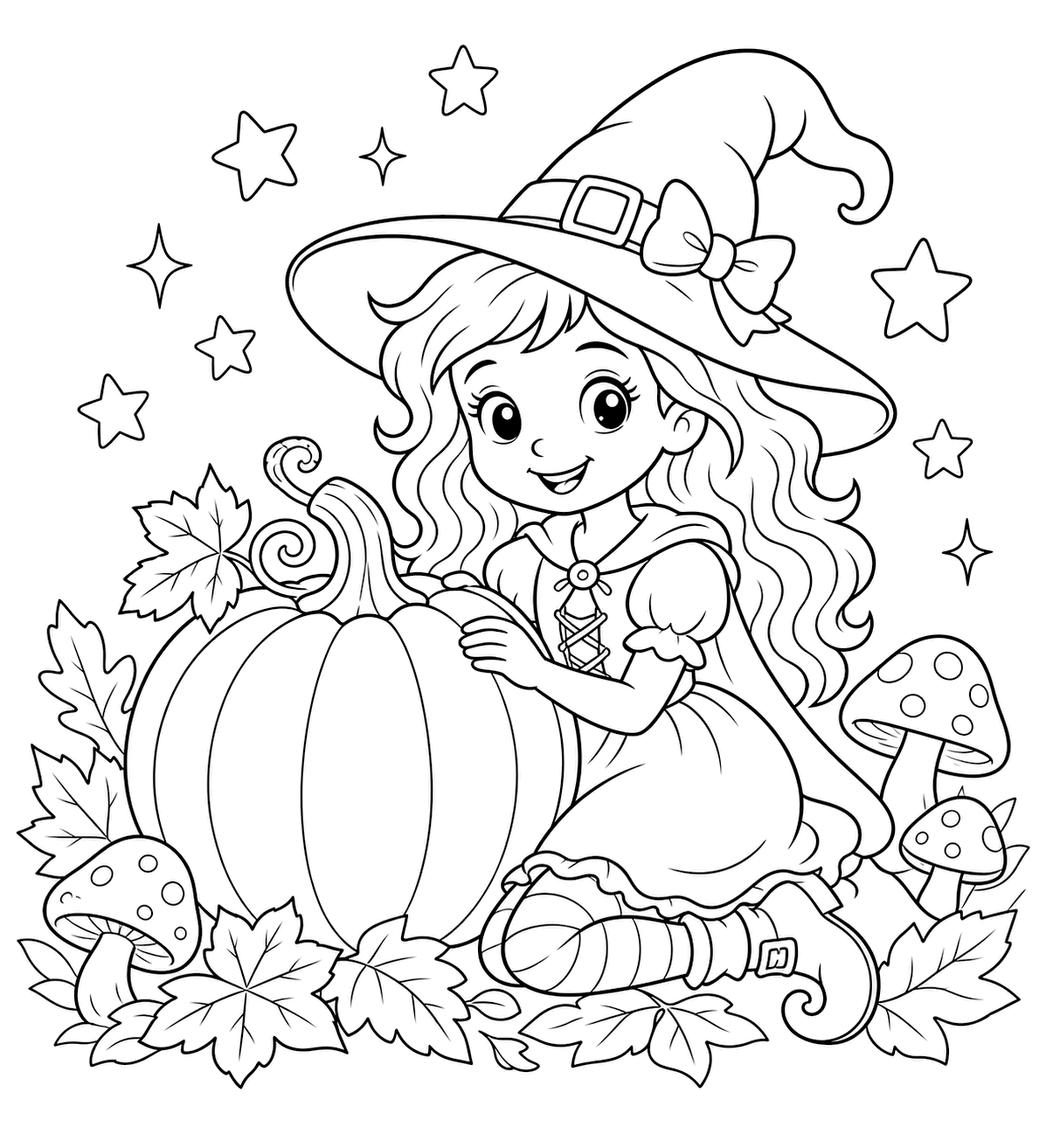 Bruja con calabaza para colorear